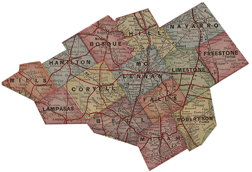 Map of 14 county region of the Heart of Texas Regional History Fair